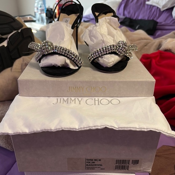 Jimmy Choo Black and Silver Heels with Crystal Embellishments - Picture 2 of 9